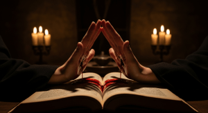 Dos manos, una sobre la otra, con las palmas cortadas, sellando un juramento de sangre sobre un libro antiguo en una habitación oscura, simbolizando el poder del pacto.