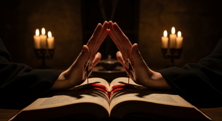 Dos manos, una sobre la otra, con las palmas cortadas, sellando un juramento de sangre sobre un libro antiguo en una habitación oscura, simbolizando el poder del pacto.