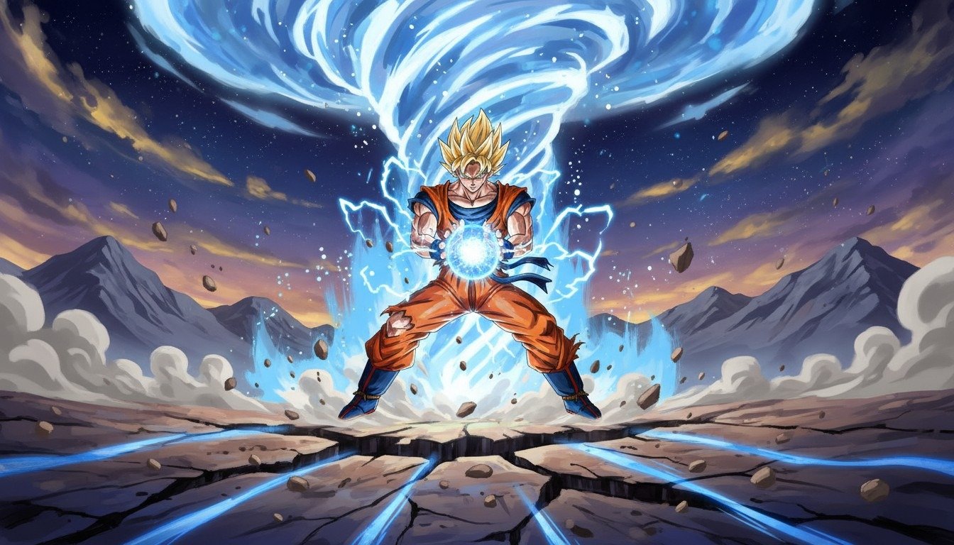 Representación hiperrealista de un ser humano generando una esfera de energía de plasma entre sus manos, al estilo de Dragon Ball.