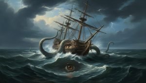 Representación artística clásica del Kraken atacando un barco de vela, ilustrando el terror de los marineros antiguos.