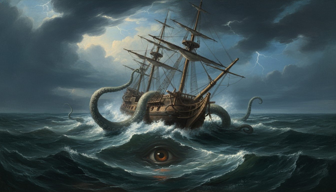 Representación artística clásica del Kraken atacando un barco de vela, ilustrando el terror de los marineros antiguos.