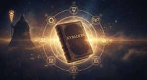 Representación artística del libro El Kybalion flotando en el espacio rodeado de simbología hermética y la figura de Hermes Trismegisto.