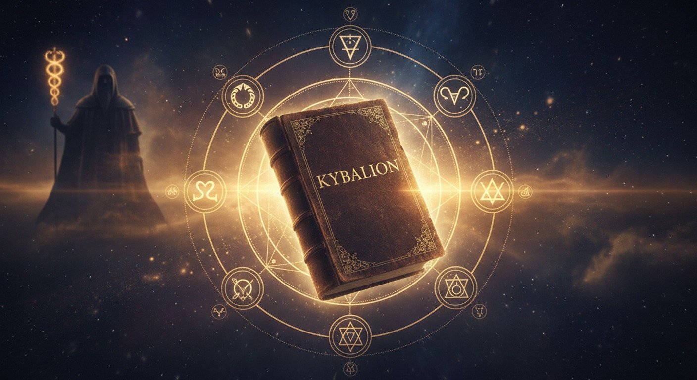 Representación artística del libro El Kybalion flotando en el espacio rodeado de simbología hermética y la figura de Hermes Trismegisto.