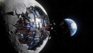 Representación artística de la teoría de la Luna artificial, mostrando una estructura tecnológica oculta bajo la corteza lunar.