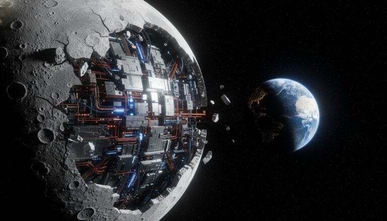 Representación artística de la teoría de la Luna artificial, mostrando una estructura tecnológica oculta bajo la corteza lunar.