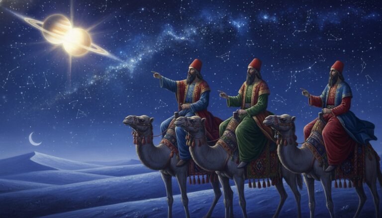 Representación históricamente precisa de los "Magos" como sacerdotes persas observando la Estrella de Belén, alejándose de la imagen medieval de reyes europeos.