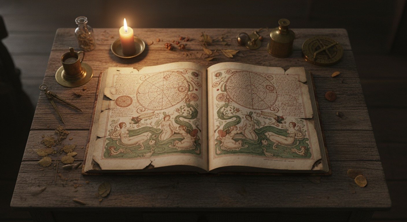 Vista cenital del Manuscrito Voynich abierto en una mesa antigua, mostrando sus característicos diagramas circulares y texto indescifrable bajo la luz de una vela.