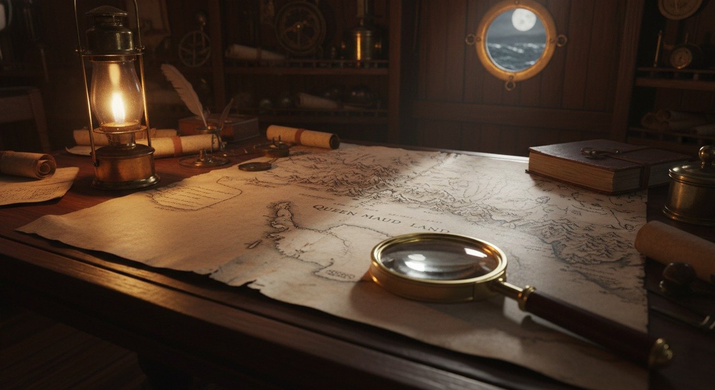 El mapa de Piri Reis extendido sobre una mesa de navegación, con una lupa enfocada en la anómala costa de la Antártida, y un antiguo astrolabio al lado.