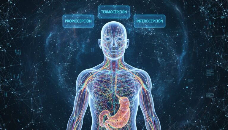 Ilustración anatómica avanzada que muestra la red de sentidos internos del cuerpo humano, más allá de los cinco tradicionales.