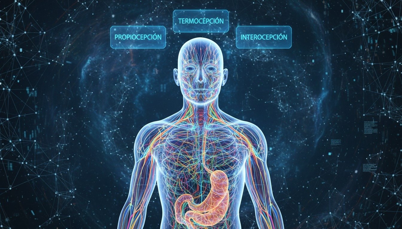 Ilustración anatómica avanzada que muestra la red de sentidos internos del cuerpo humano, más allá de los cinco tradicionales.