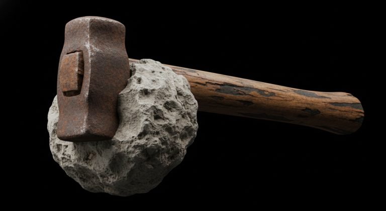 Fotografía detallada del Martillo de Londres, mostrando la fusión entre la cabeza de hierro moderna y la roca caliza del Cretácico.