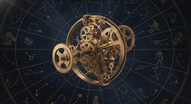 El Mecanismo de Anticitera reconstruido, con sus complejos engranajes de bronce brillando, superpuesto a un mapa estelar antiguo, simbolizando su genio astronómico.