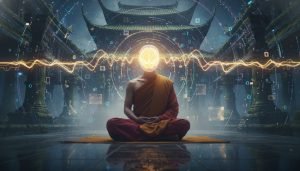 Representación artística de un cerebro en estado de meditación profunda emitiendo ondas Gamma de alta frecuencia, simbolizando la iluminación.