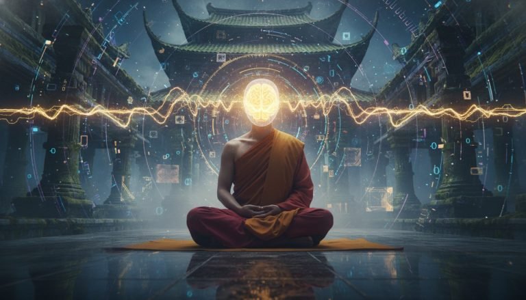 Representación artística de un cerebro en estado de meditación profunda emitiendo ondas Gamma de alta frecuencia, simbolizando la iluminación.