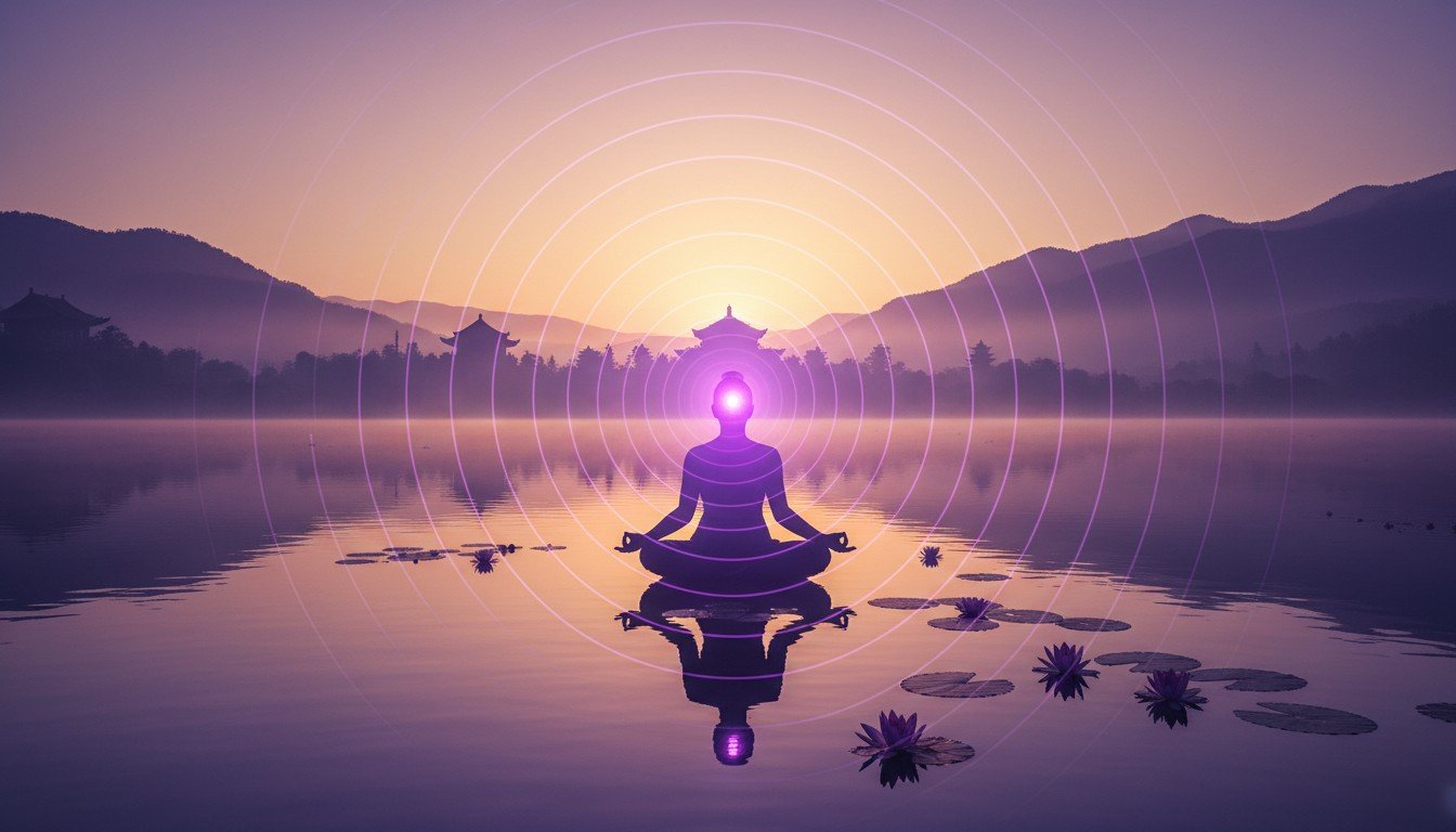Representación artística de una persona meditando y activando su tercer ojo, simbolizado por una luz violeta en la frente.
