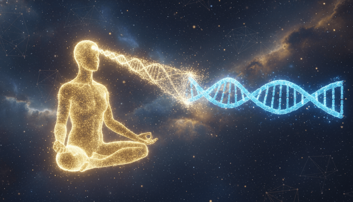 Representación visual de la conciencia humana interactuando y reparando la estructura biológica del ADN.