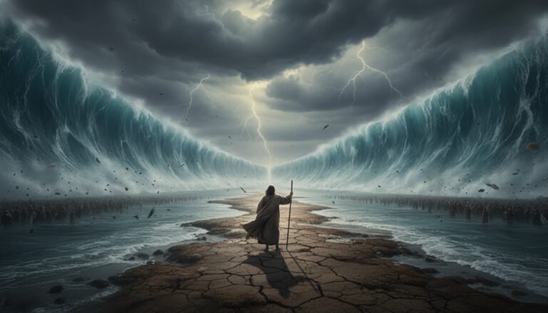 Representación artística realista de Moisés separando las aguas del Mar Rojo mediante la acción de un fuerte viento del este, no por magia instantánea.