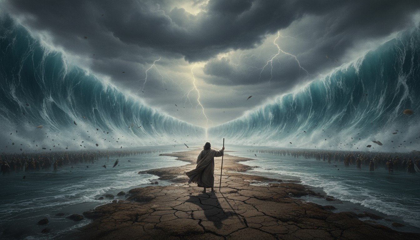 Representación artística realista de Moisés separando las aguas del Mar Rojo mediante la acción de un fuerte viento del este, no por magia instantánea.