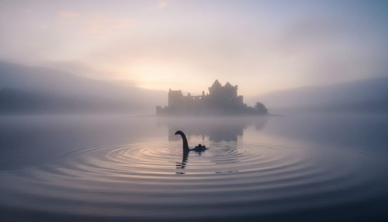 Representación artística clásica del Monstruo del Lago Ness emergiendo de las aguas brumosas frente al Castillo de Urquhart.