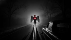 Representación artística del Mothman bloqueando una carretera nocturna, destacando sus característicos ojos rojos brillantes.