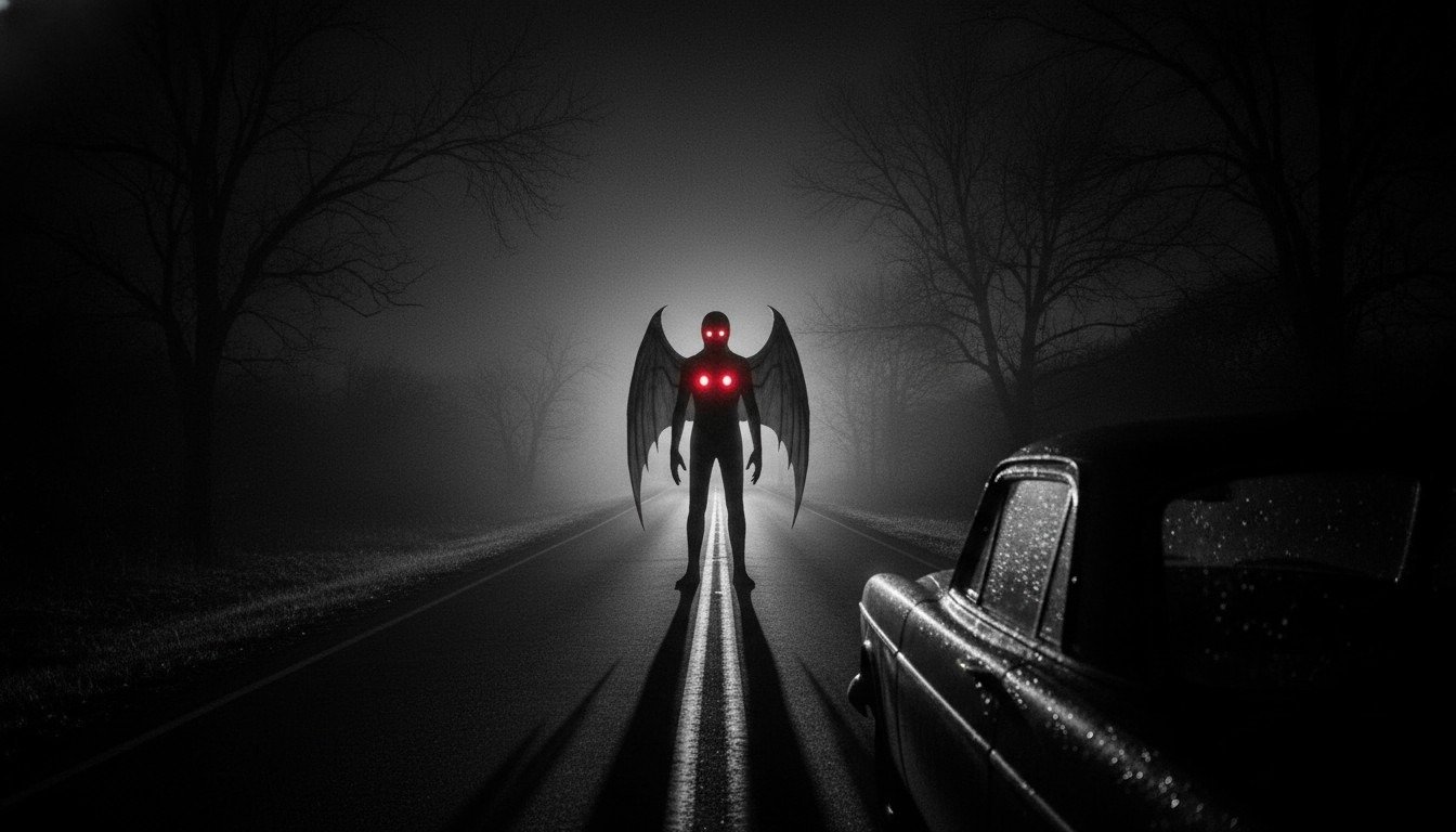 Representación artística del Mothman bloqueando una carretera nocturna, destacando sus característicos ojos rojos brillantes.