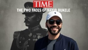 Ilustración conceptual que muestra a Nayib Bukele como un líder moderno y "cool", pero con la sombra de un autoritarismo clásico detrás.