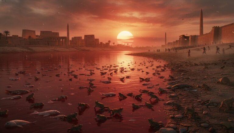 Representación artística de la primera plaga de Egipto, mostrando el Nilo convertido en sangre debido a una floración de algas tóxicas.