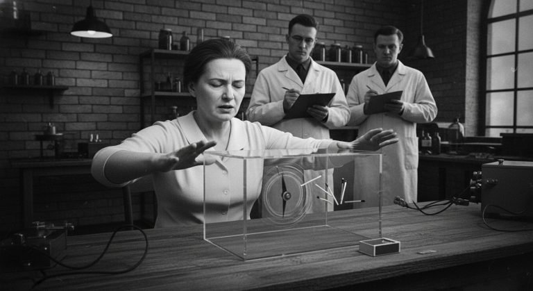 Recreación de los famosos experimentos de telequinesis con la psíquica rusa Nina Kulagina moviendo objetos sin contacto físico bajo condiciones controladas.
