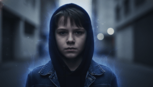 Representación artística de un niño índigo mostrando su característica aura azul violeta.