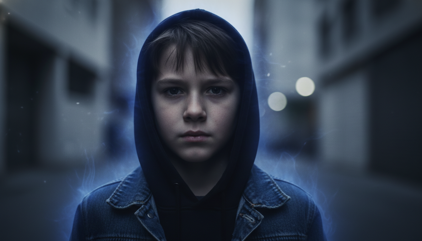 Representación artística de un niño índigo mostrando su característica aura azul violeta.