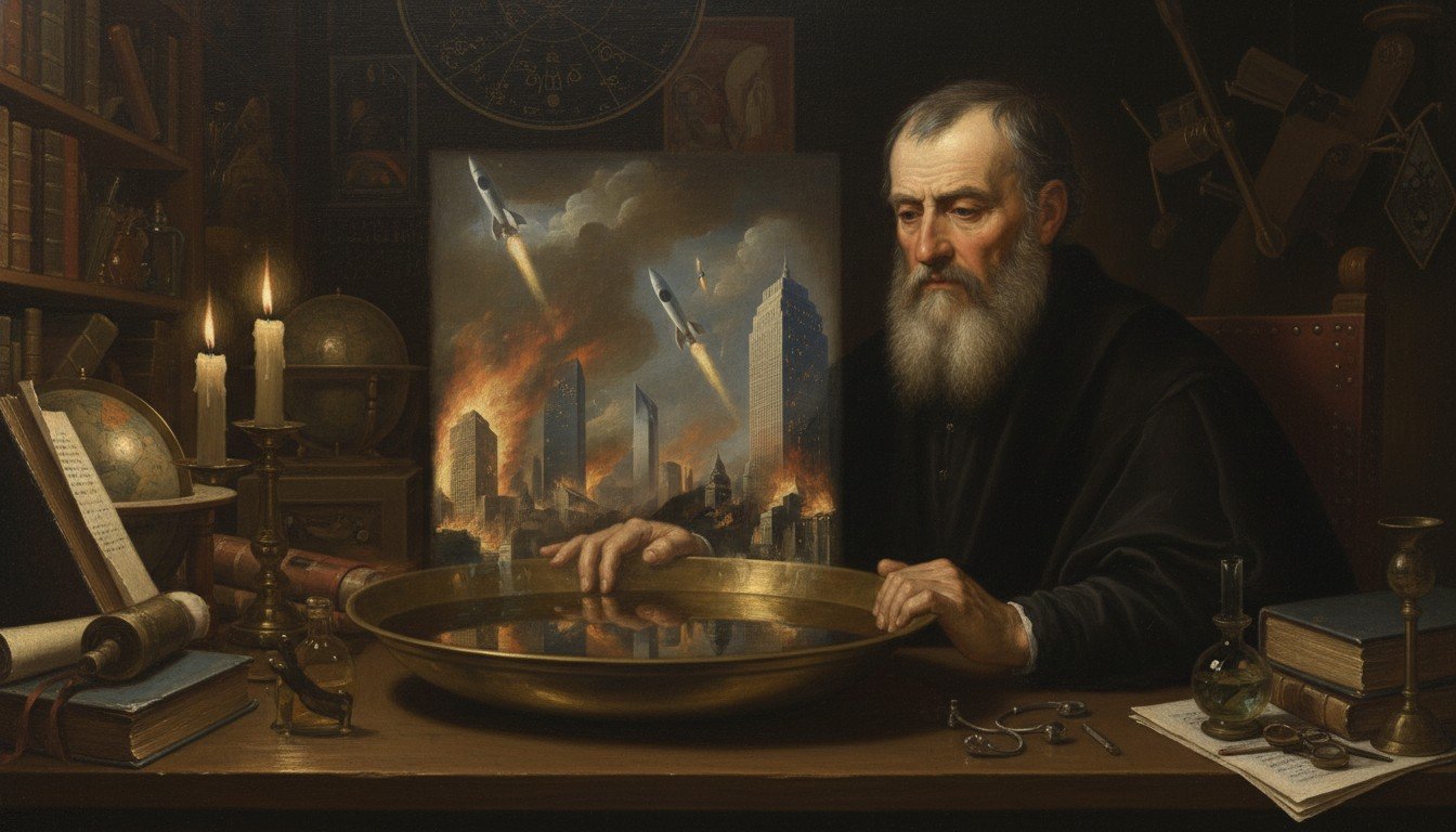 Representación artística de Nostradamus teniendo visiones del futuro moderno mientras realiza adivinación con agua en su estudio del siglo XVI.