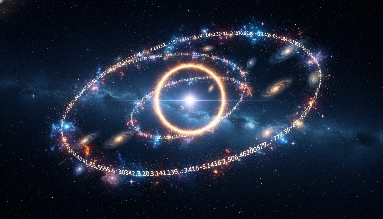Representación artística del número Pi como el código fundamental que estructura el cosmos, conectando la geometría con la astronomía.
