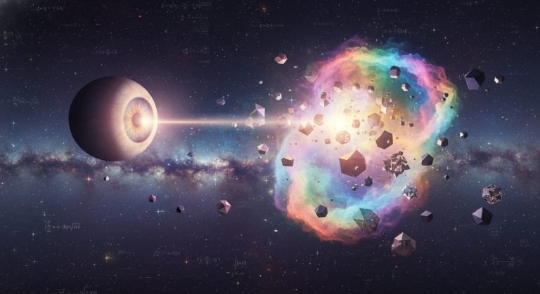 Representación artística del Efecto Observador, mostrando cómo la mirada consciente cristaliza la probabilidad cuántica en materia sólida.