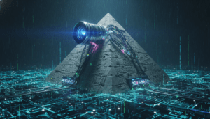 Fusión artística entre la pirámide del dólar y una lente de cámara de vigilancia moderna.