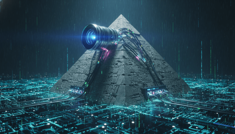 Fusión artística entre la pirámide del dólar y una lente de cámara de vigilancia moderna.