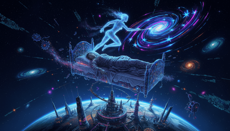 Representación artística de un soñador lúcido tomando control de su entorno y modificando la realidad a voluntad.