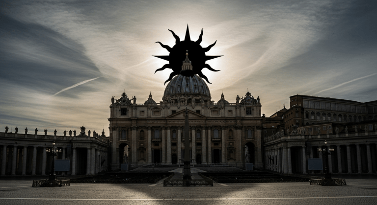La Basílica de San Pedro en el Vaticano, con el símbolo del Opus Dei (una cruz dentro de un círculo) brillando como un sol negro en el cielo, simbolizando su influencia oculta.