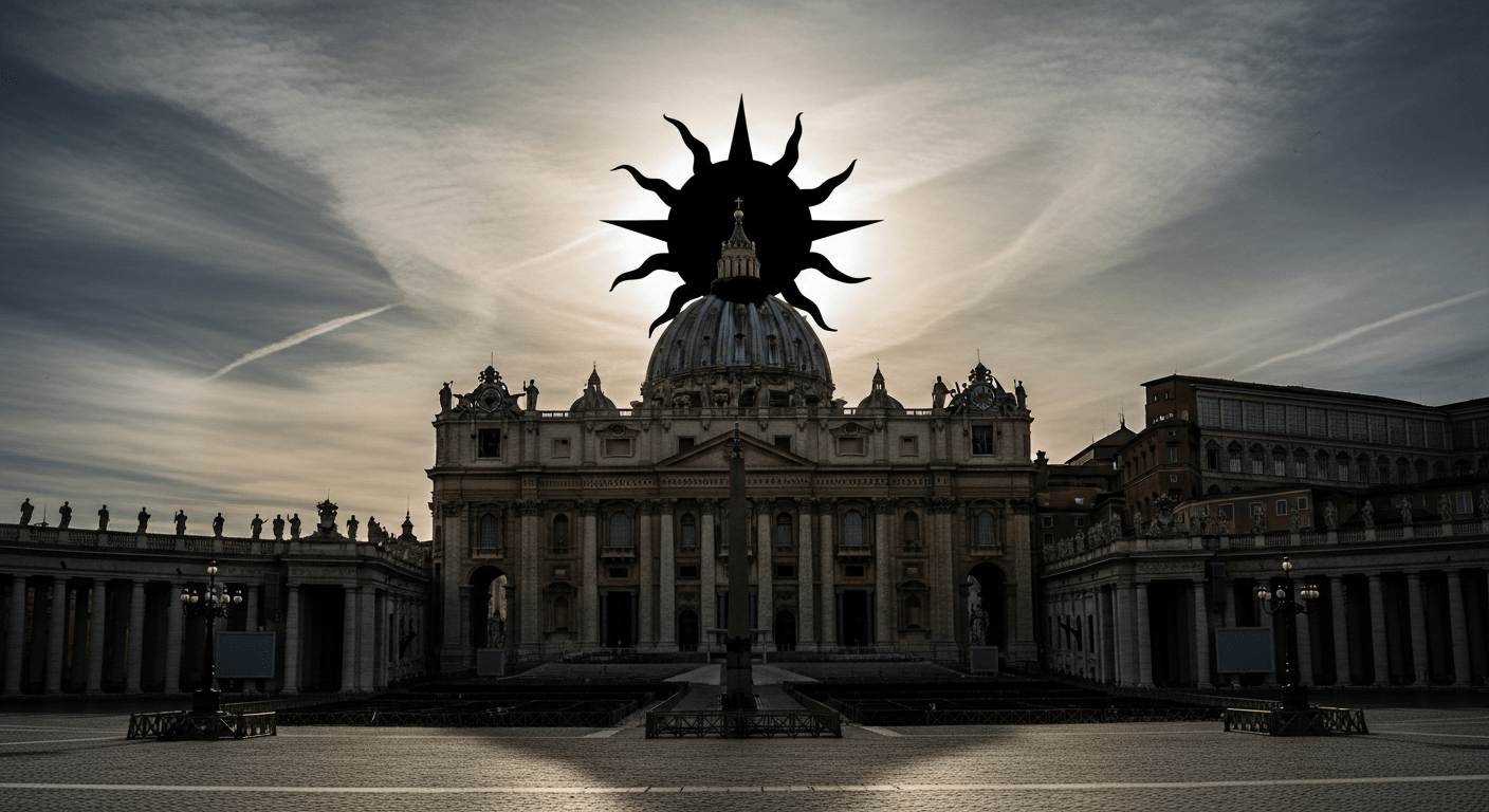 La Basílica de San Pedro en el Vaticano, con el símbolo del Opus Dei (una cruz dentro de un círculo) brillando como un sol negro en el cielo, simbolizando su influencia oculta.