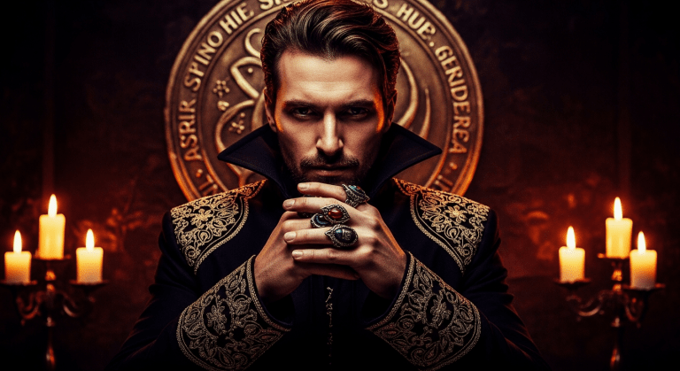 Aleister Crowley con su regalía ceremonial de la O.T.O., realizando un ritual en un templo, con el Sello de Babalon y otros símbolos thelémicos en el fondo.