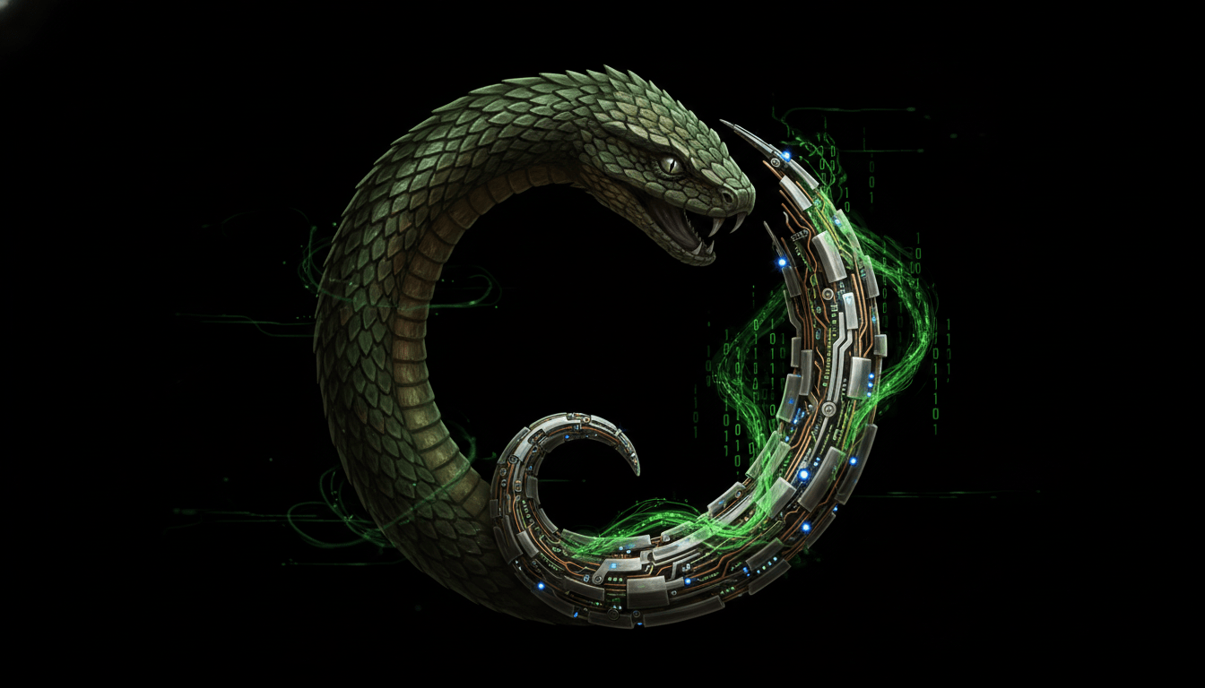 El Ouroboros, símbolo de la eternidad, transformándose de materia biológica a tecnológica.