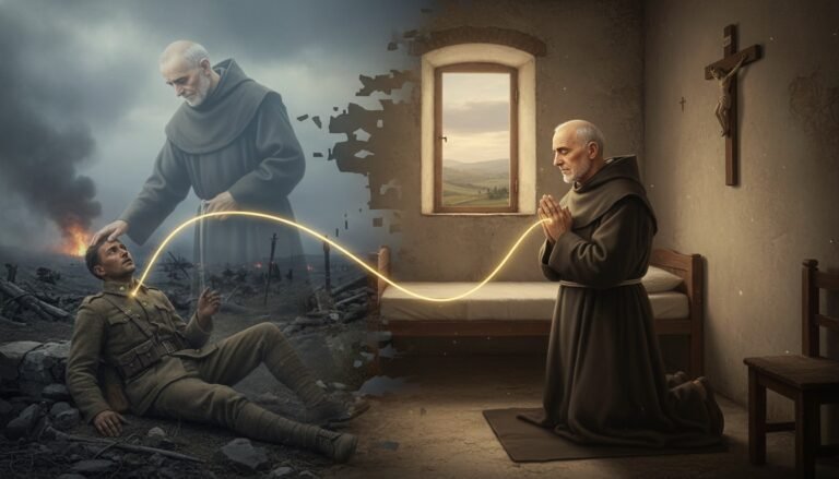 Representación artística del Padre Pío bilocándose, estando físicamente en su monasterio y espiritualmente en otro lugar ayudando a alguien.