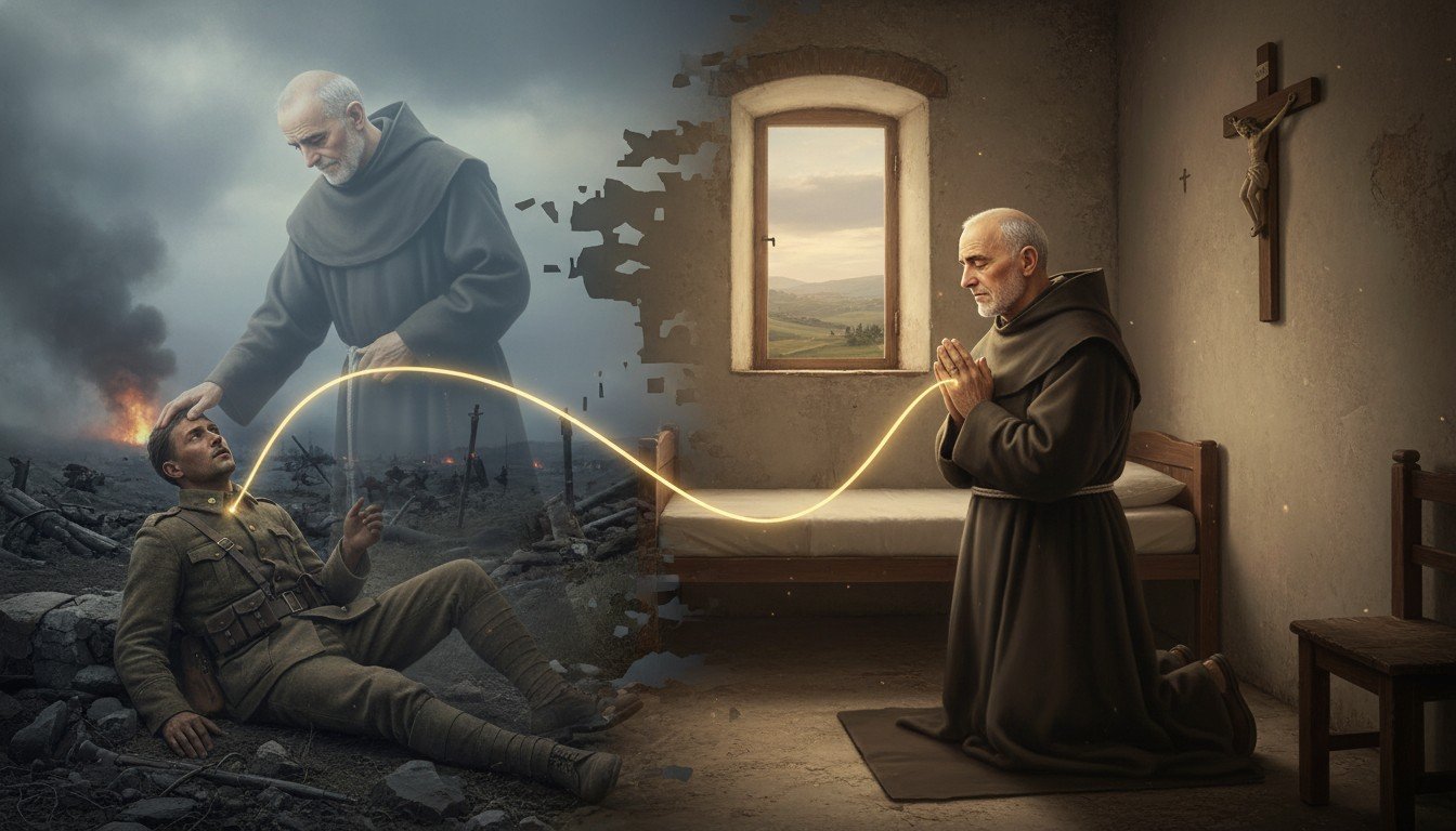 Representación artística del Padre Pío bilocándose, estando físicamente en su monasterio y espiritualmente en otro lugar ayudando a alguien.