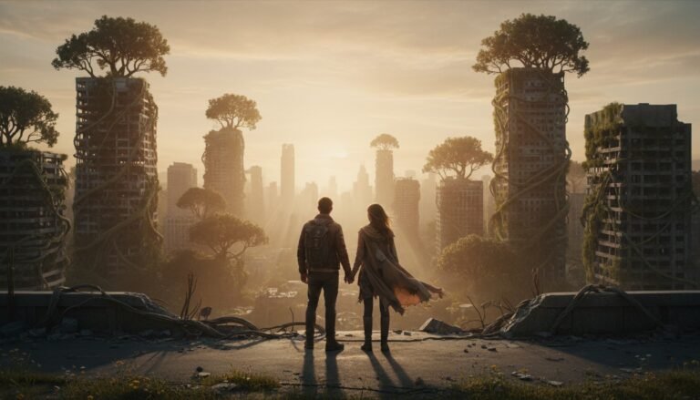 Representación artística de los dos últimos humanos en la Tierra contemplando el desafío de repoblar el planeta tras un cataclismo.