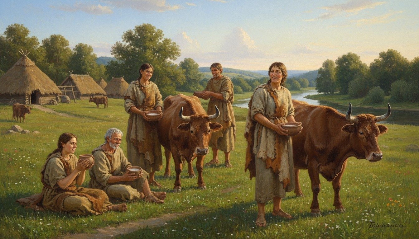 Recreación artística de los primeros ganaderos europeos consumiendo leche, el momento clave en la evolución de la tolerancia a la lactosa.