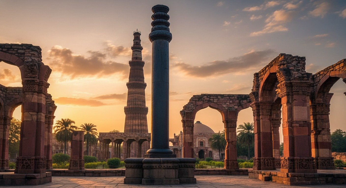 Vista completa del Pilar de Hierro de Delhi en el complejo Qutb, mostrando su estado de conservación impecable tras siglos de exposición.