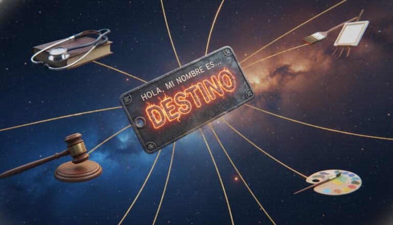 Ilustración conceptual que muestra cómo un nombre actúa como una etiqueta que conecta a la persona con diferentes destinos profesionales y vitales.