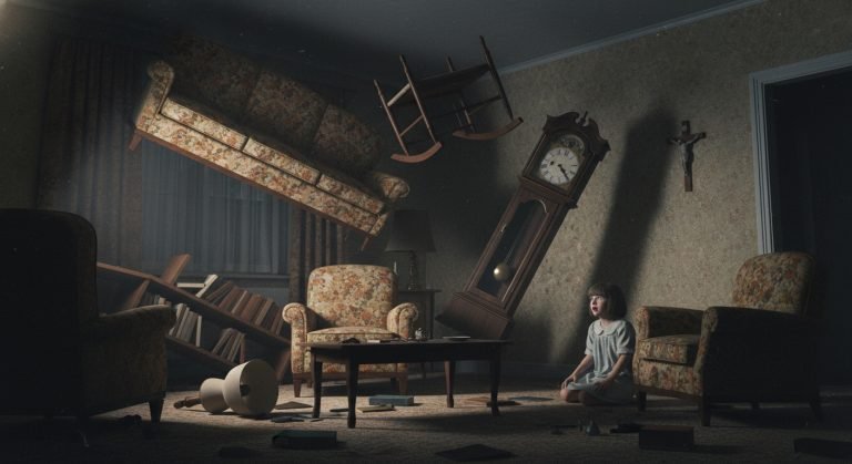 Recreación dramática de la actividad poltergeist en la casa de Enfield, mostrando muebles moviéndose solos y una atmósfera de caos.