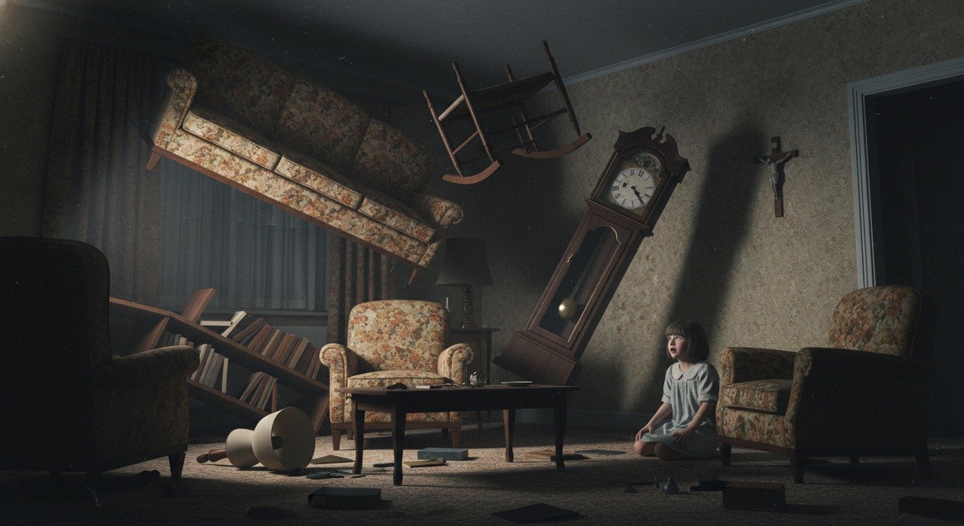Recreación dramática de la actividad poltergeist en la casa de Enfield, mostrando muebles moviéndose solos y una atmósfera de caos.