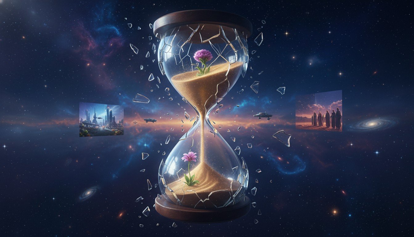 Representación artística de la precognición como una inversión del flujo temporal, simbolizada por un reloj de arena que fluye hacia atrás.