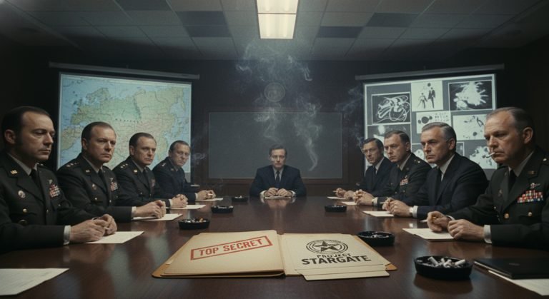 Recreación de una reunión de alto nivel en el Pentágono discutiendo el Proyecto Stargate y el uso de psíquicos para el espionaje militar.